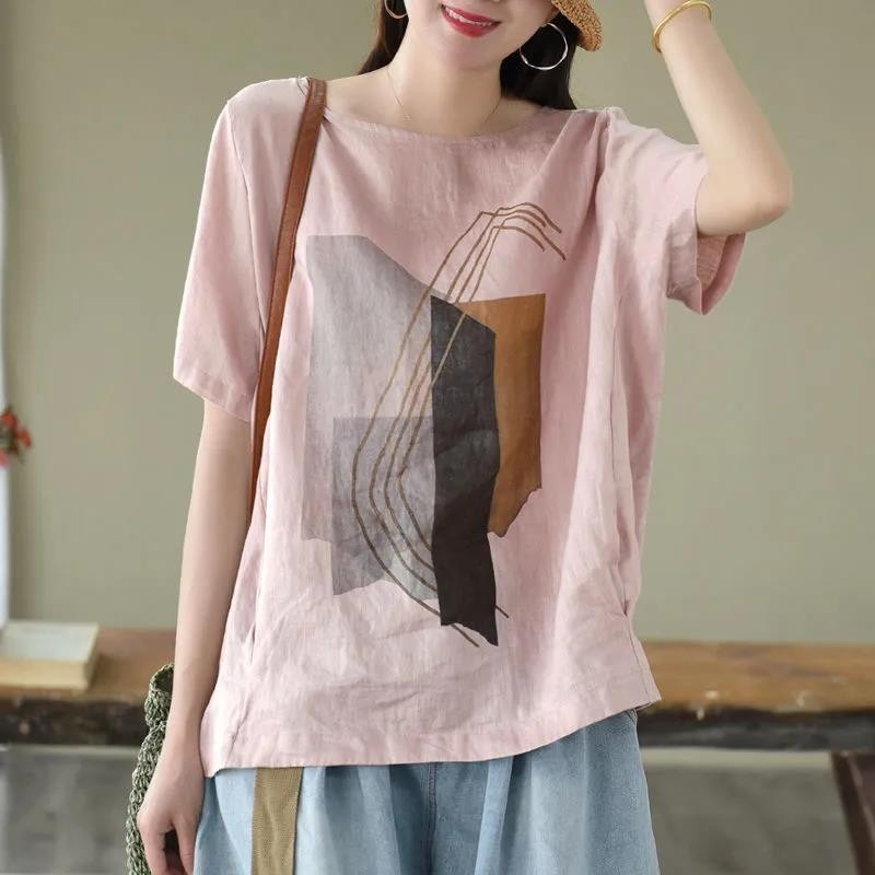 MG [เสื้อผ้าผู้หญิง] 2025 สไตล์ใหม่!ผ้าฝ้ายผ้าลินินบางด้านบนผู้หญิง,สไตล์ศิลปะขนาดใหญ่หลวมซูเปอร์ปกเนื้อ,ปักผ้าฝ้ายแท้คอกลมแขนสั้น,แม่รักที่จะสวมใส่