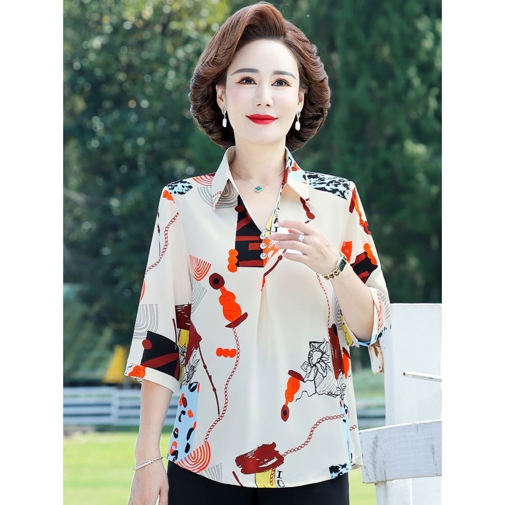 แม่สามไตรมาสแขนเสื้อแฟชั่นกลางแขนเสื้อเสื้อยืดกลางอายุผู้สูงอายุของผู้หญิง ชิฟฟ์150710