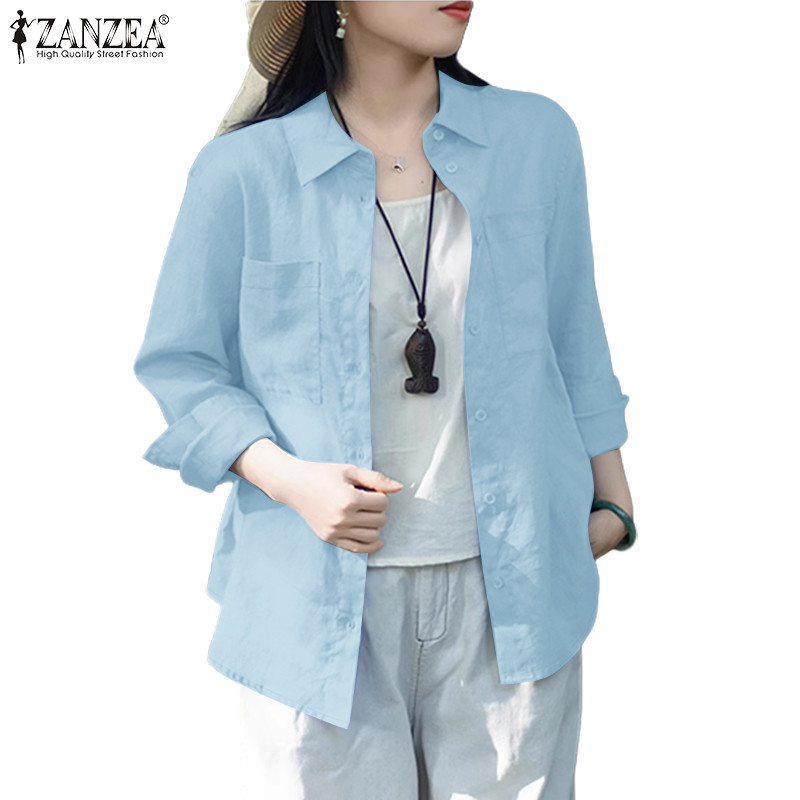ZANZEA ผ้าฝ้ายแขนยาวสำหรับผู้หญิง มีกระเป๋าปิดกระดุม ใส่สบายเป็นเสื้อลำลอง