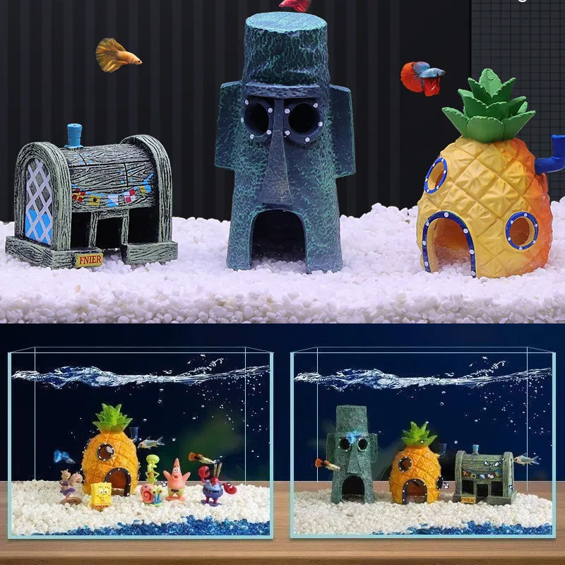 แต่งตู้ปลา อุปกรณ์ตกแต่งตู้ปลา ตุ๊กตาการ์ตูน บ้านสับปะรด ปะการังปลอม หลบถ้ำ เรือใบ ถ้ำไบโอนิค การออกแบบทางเข้าคู่