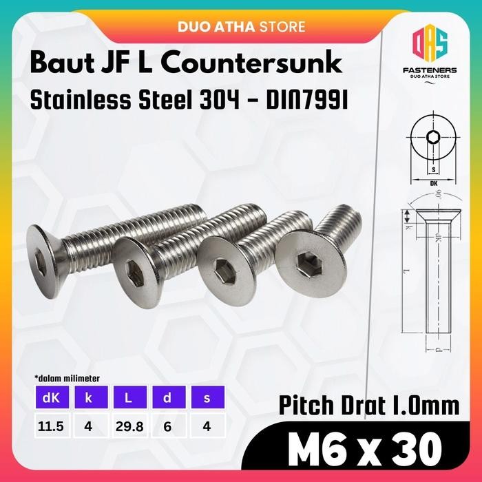 M6x30 Bolt JF L M6 x 30 Stainless / Bolt Verseng M6 x 30 Stainless / Countersunk M6 x 30 Stainless S