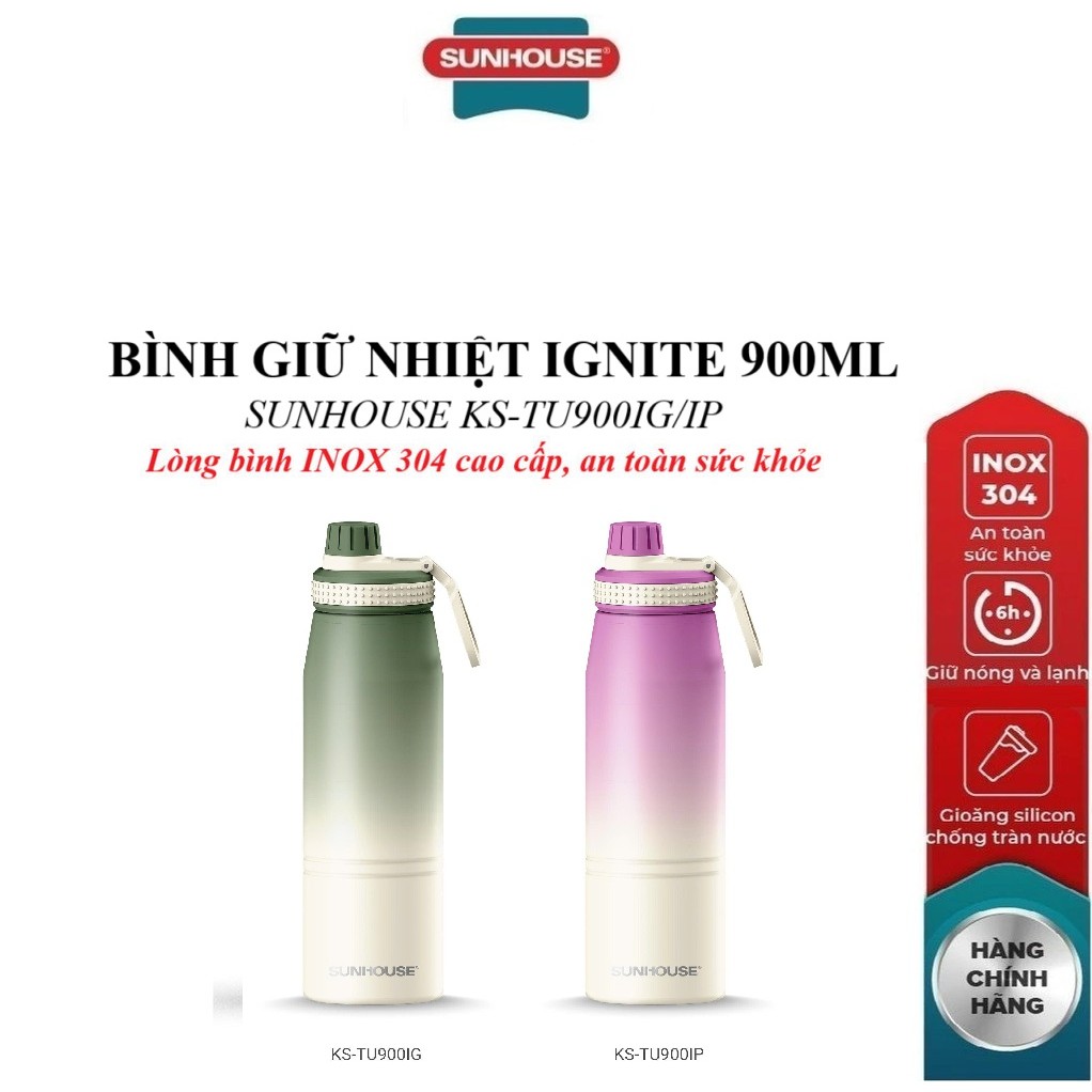 Sunhouse 900ml ขวดเก็บความร้อน Ignite KS-TU900IG/KS-TU900IP - สแตนเลส 304 - หูหิ้วพกพาสะดวก ความจุ 9