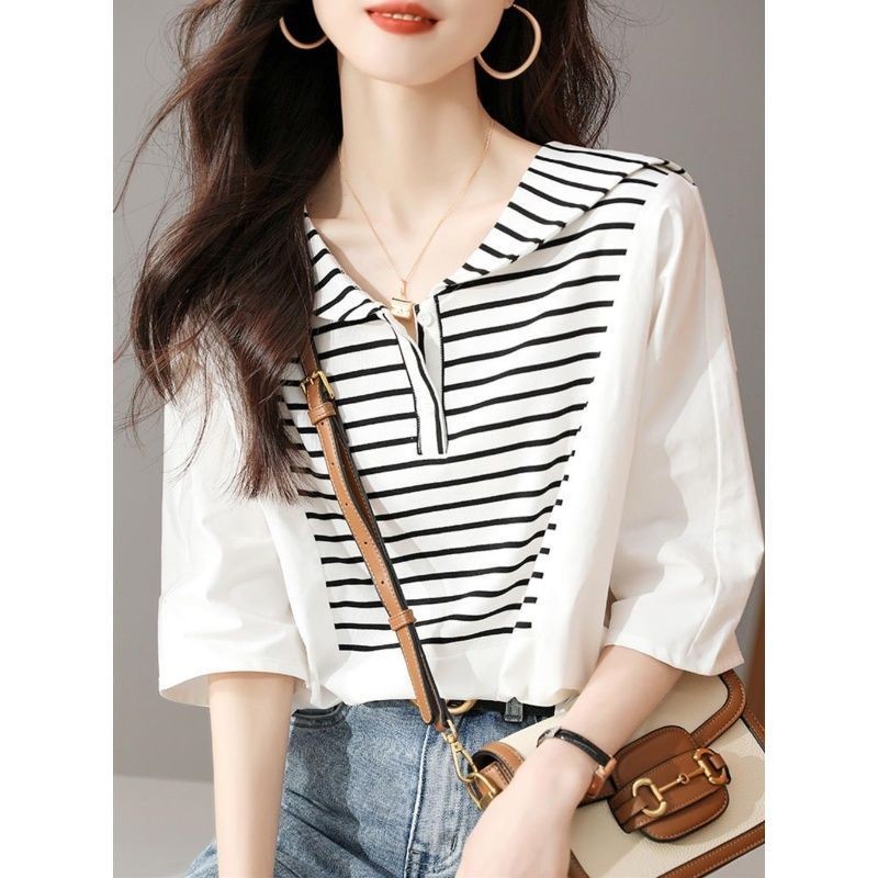 ส่งไวจากไทย⭐Summer⭐S-2XL     เสื้อแขนสั้นลายบวกขนาดเสื้อแขนสั้นด้านบนหลวมผ้าฝ้ายฤดูร้อนเกาหลีสุภาพสตรีด้านบน