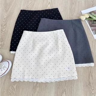 รุ่นยอดฮิต Short polka dot skirt กระโปรงขาสั้น กระโปรงลายจุด แต่งลูกไม้ สาวไซซ์เล็ก สาวอวบใส่ได้