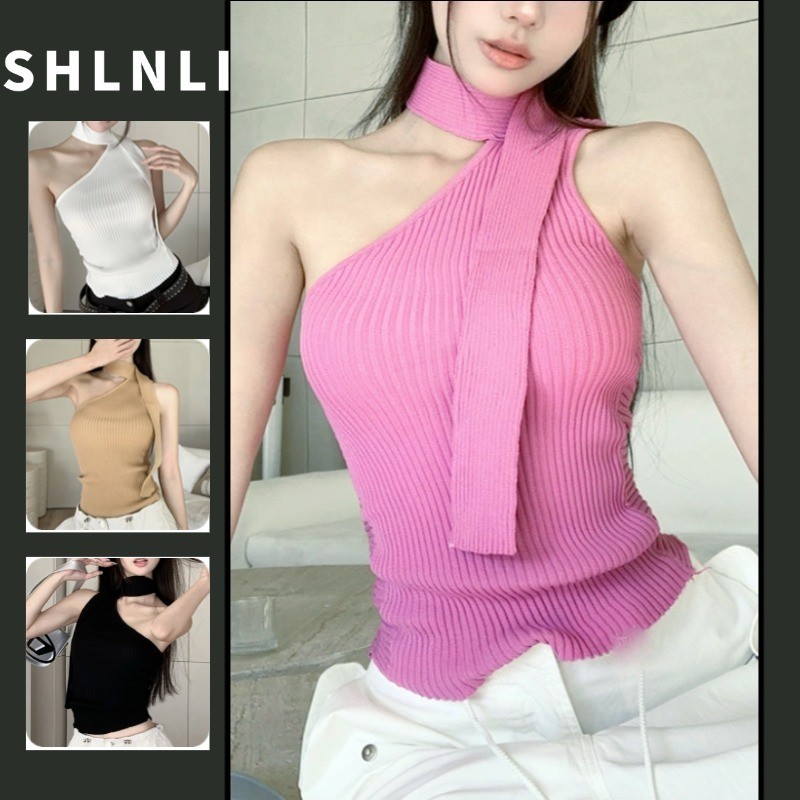 หนึ่งไหล่Halterถักผู้หญิงRibre SlimแขนกุดTie Strap Y2K Crop Going Out Top