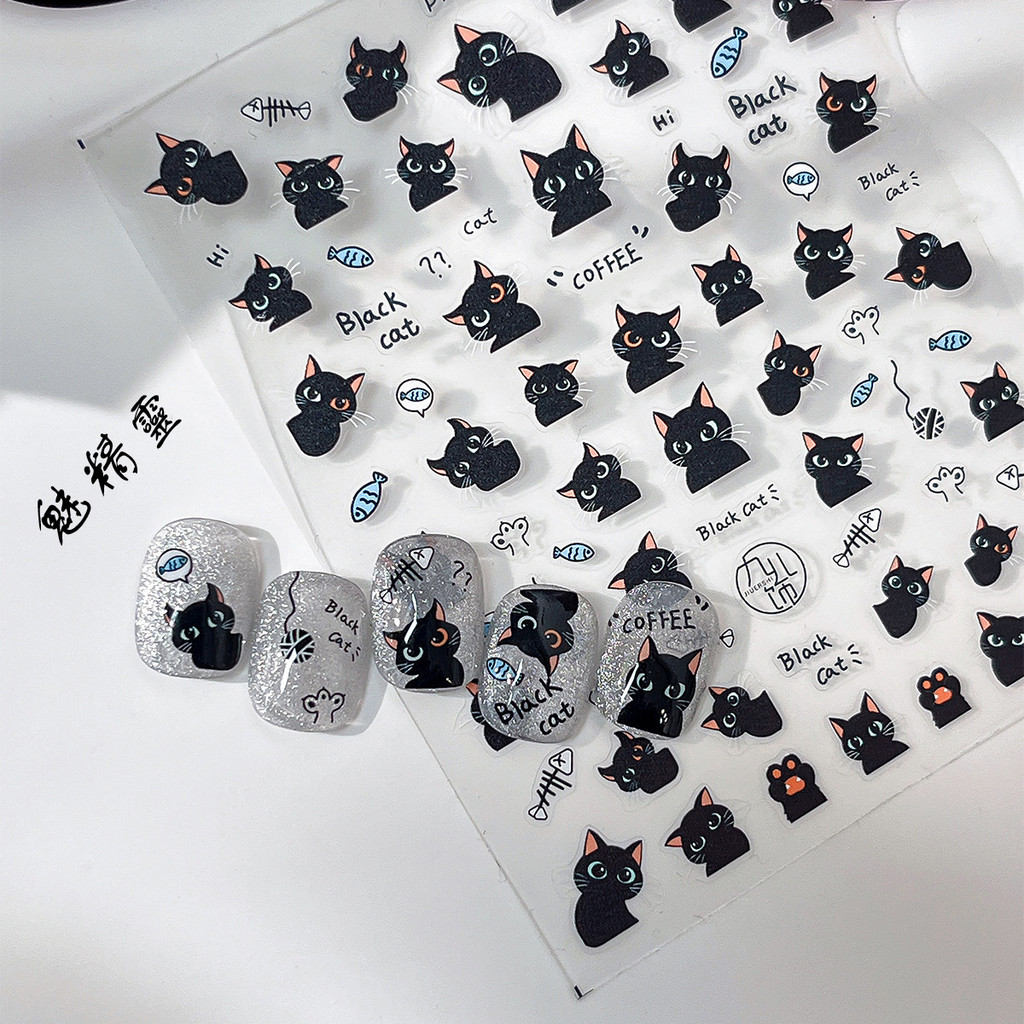tomoni สติ๊กเกอร์ติดเล็บลายแมว บางเฉียบ สีดำ ลายการ์ตูนน่ารัก พร้อมกาวในตัว