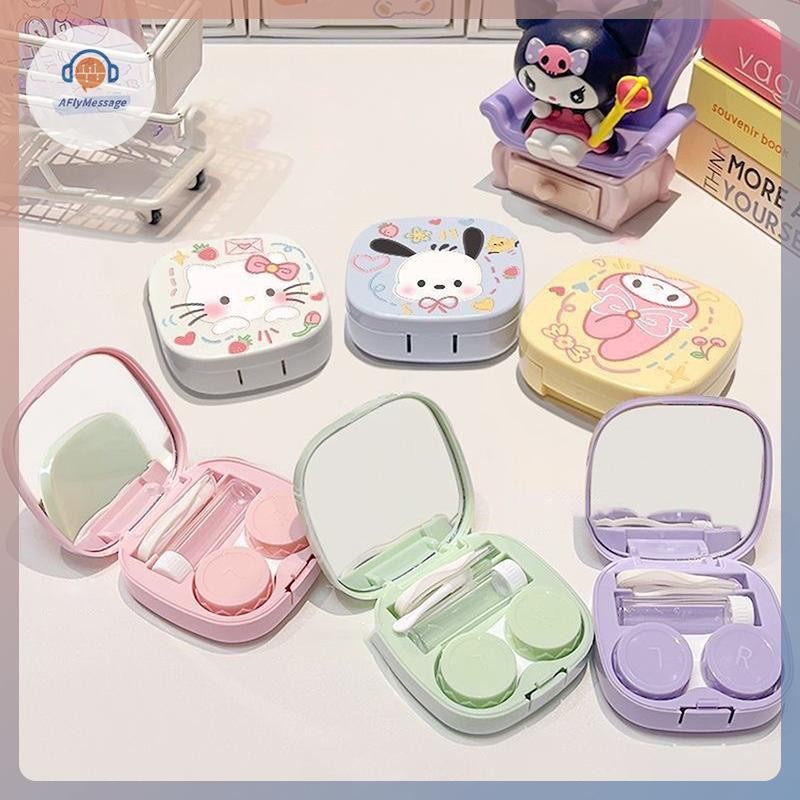 AFl Kawaii Hello Kitty คอนแทคเลนส์การ์ตูนน่ารัก Sanrio Kt Cat แบบพกพาความงามนักเรียนกล่องเก็บแบบพกพา