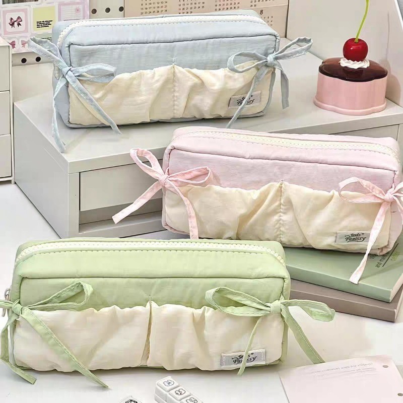 Creative Color-Block Double Bow กล่องดินสอความจุขนาดใหญ่ Multi-Layer Storage ผ้าใบปากกากล่องมัลติฟังก์ชั่เครื่องเขียนสํานักงานกระเป๋า