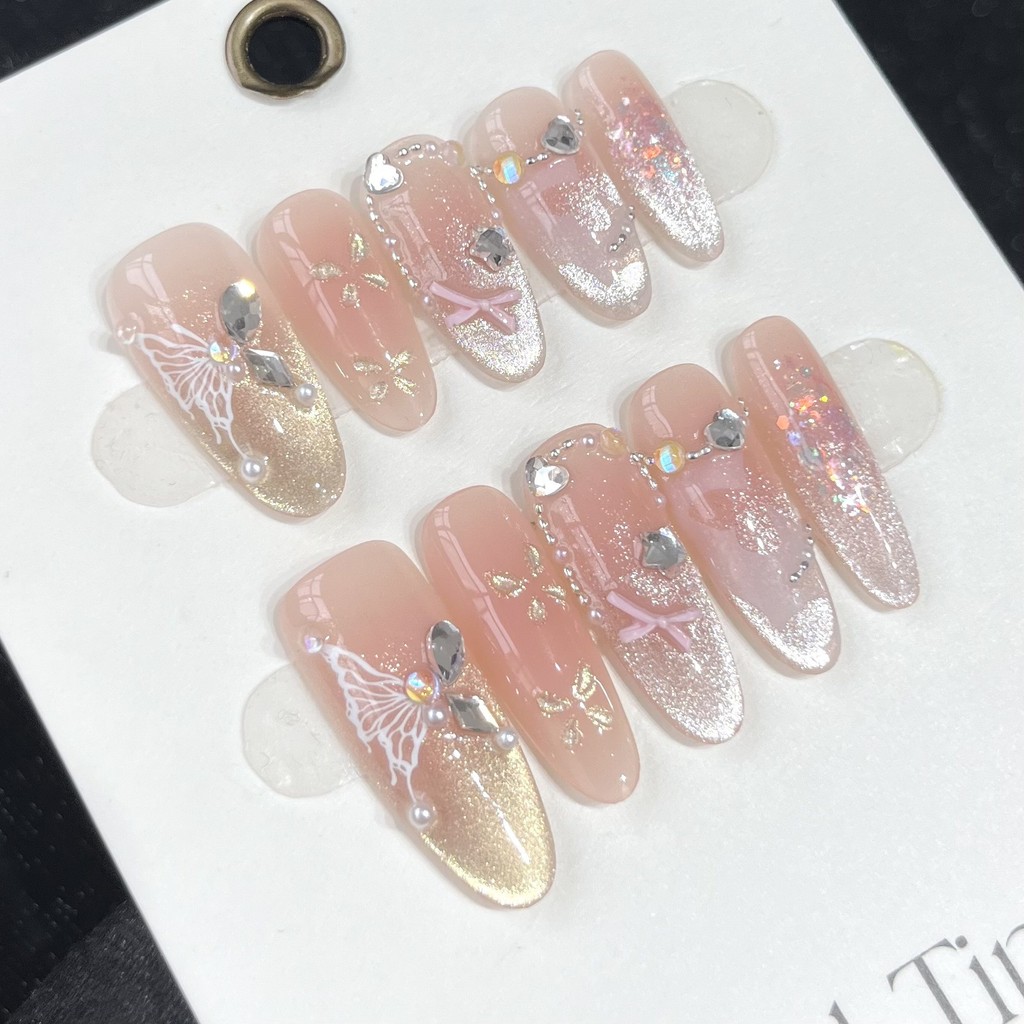 HANDMADE + กาวฟรีArtificial Nail Butterfly Paradise Blush Medium Oval Light Luxury Cats Eye French P