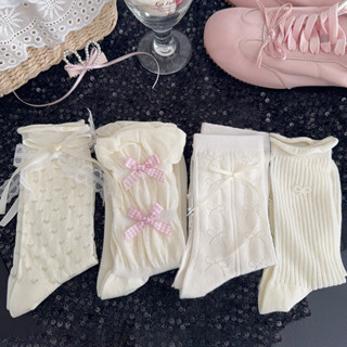 ถุงเท้าบัลเล่ต์ตาข่ายบางระบายอากาศ สไตล์หวาน มีโบว์สีขาว