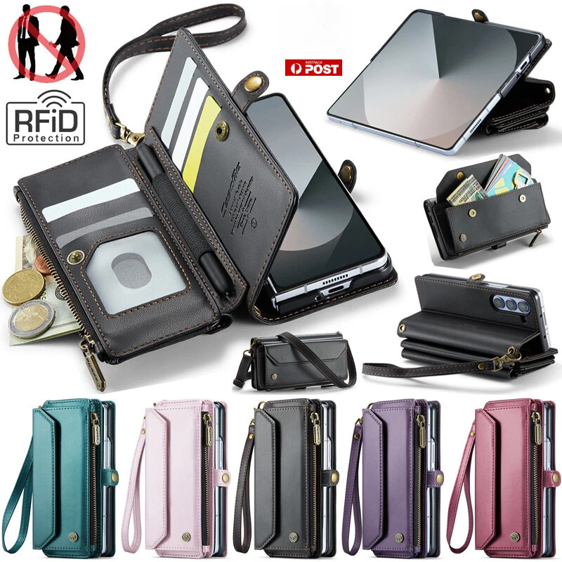 สําหรับ Samsung Galaxy Z พับ 7 6 5 4 3 5G ZIP หนังกระเป๋าสตางค์กันกระแทกสายคล้อง