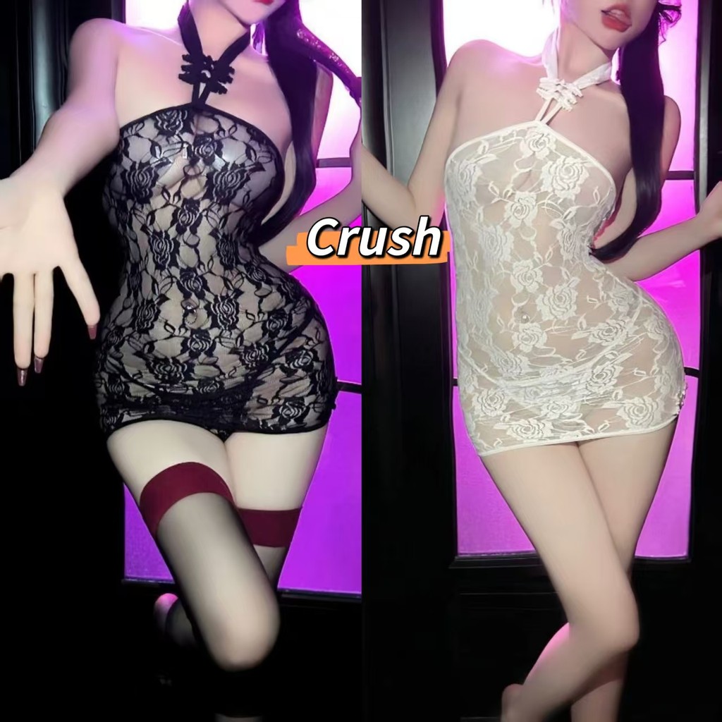 Crush ชุดมินิเดรส คล้องคอ ลายลูกไม้ดอกกุหลาบ ดีเทลคอจีนมี2สี พร้อมส่งจากไทย (LDLT-7)