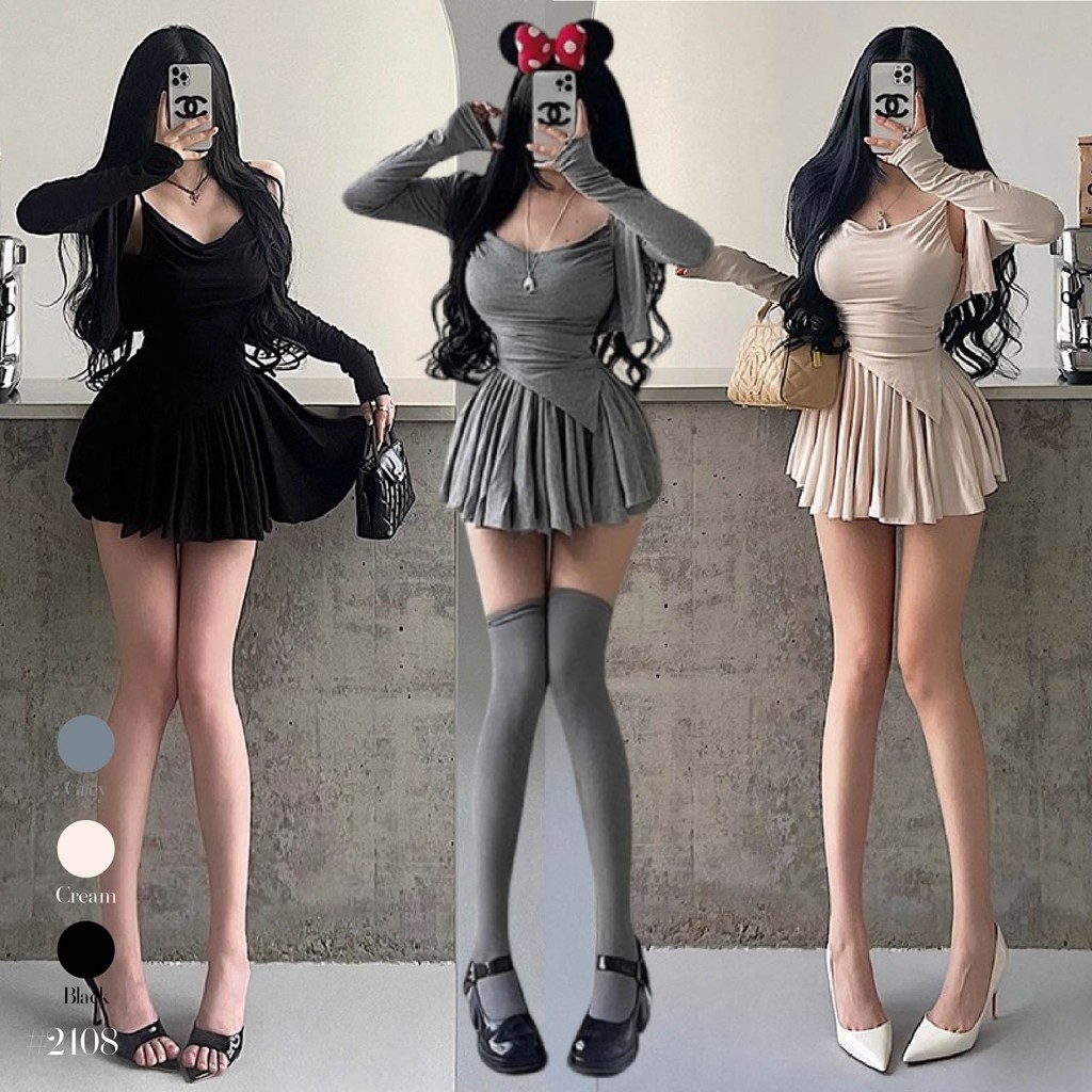 เสื้อครอปสายเดี่ยว สีดำ ปรับสายได้ + กระโปรงกางเกงเอวยางยืดทรงเอ + เสื้อคลุมแขนยาว ชุดเซ็ต3ชิ้น #2108