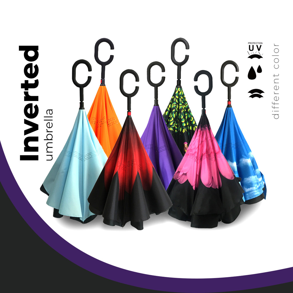 VerticOasis Inverted Reverse Double Layer ร่ม C-Hook C Handle กลางแจ้ง Rain Cover Payung Lipat 长 Dan