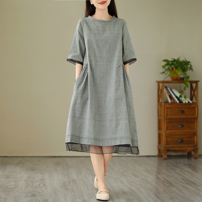 K4477 ฤดูร้อนหลวม Slimmer ดูรอบคอ A-Line กระโปรงสไตล์เกาหลี Art Houndstooth ผ้าฝ้ายผ้าลินินชุดหญิง B