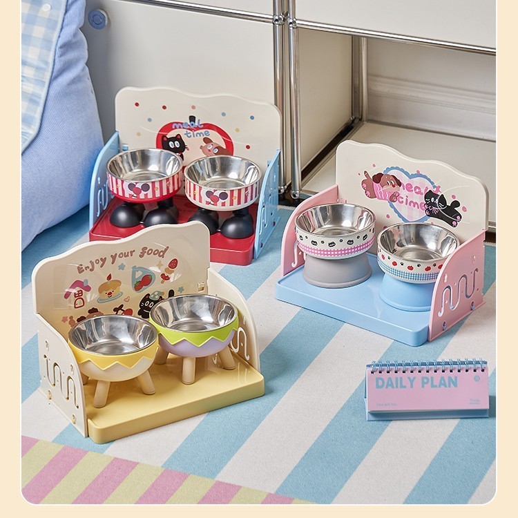 PawPals จานสัตว์เลี้ยง โต๊ะอาหารแมว รั้วป้องกันการรั่วซึม ปรับระดับได้ ชั้นวางอาหารแมว ชุดชามสัตว์เลี้ยง - รูปที่ 4