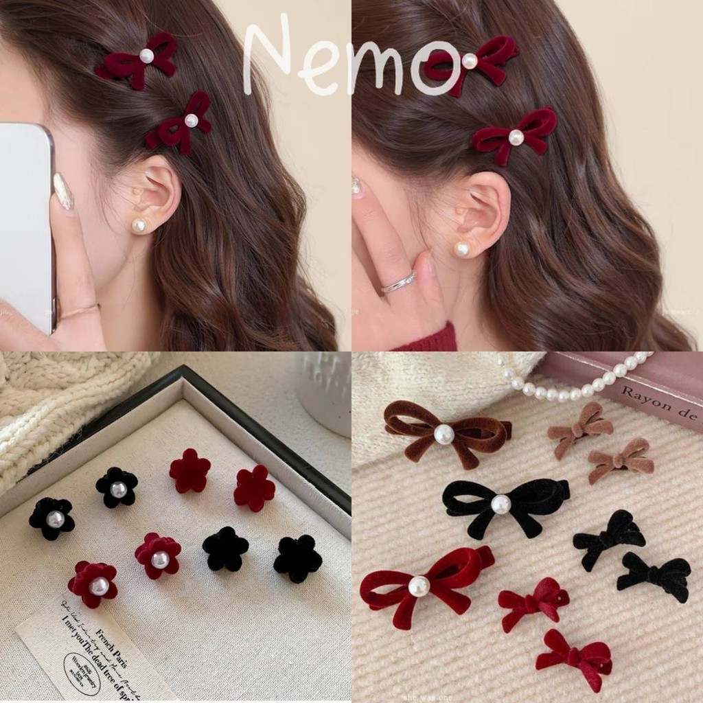 Nemo store🌸#VO-17/VO-18/VO-19 กิ๊ฟตัวเล็ก สีดำแดง เรียบหรูดูแพง โบว์ดอกไม้ เครื่องประดับผมเด็กผู้หญิง