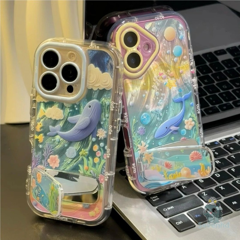 Ocean Whimsy น่ารัก Whale Jelly ปลอก + กระจกสําหรับ iPhone 11 16 7Plus 13 14 15 12 Pro Max Xr X Xs Max เคส iPhone แฟชั่นคลุมทั้งหมดเลนส์ฝาครอบป้องกันด้าน