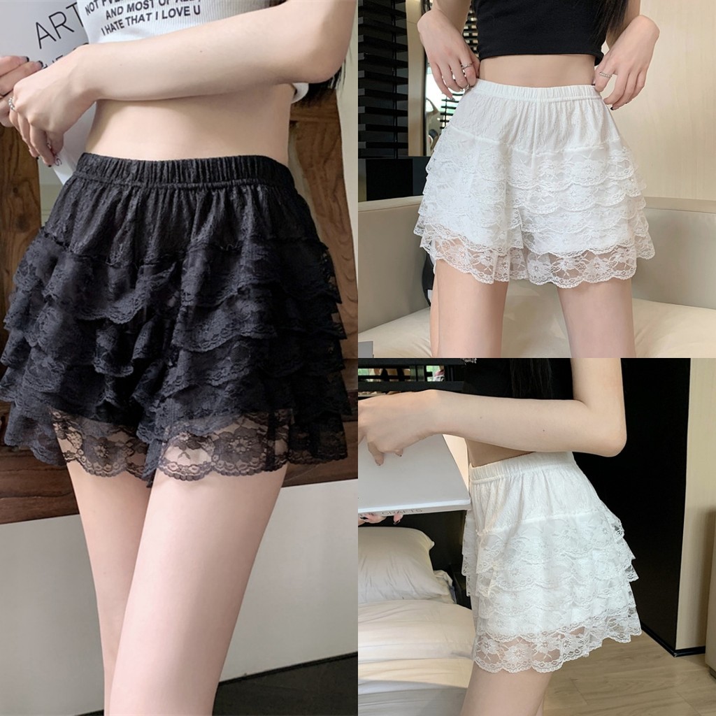 🌴Riley🌴กางเกงขาสั้น ผ้าใส่สบาย เอวยางยืด ผู้หญิง แต่งชั้นๆ🍒สีพื้น ดีเทลลูกไม้ shorts ใส่สบาย ฤดูร้อน