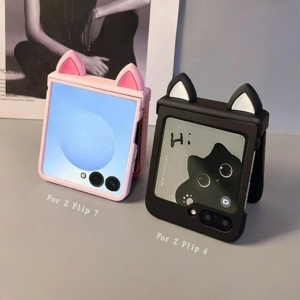 น่ารัก 3D หูแมวสีชมพูสีดําเคสโทรศัพท์สําหรับ Samsung Galaxy Z Flip 7 6 Z Flip6 ZFlip 5 Zflip6 Zflip7 กันกระแทกปกหลัง