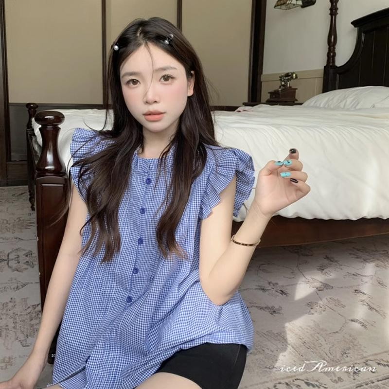 Red Berryเสื้อเชิ้ตลายสก็อตสีฟ้าสไตล์ฝรั่งเศส แขนกระดิ่งเล็ก สำหรับผู้หญิงในฤดูร้อนW623 - รูปที่ 5