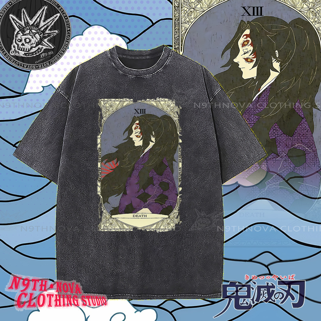 24h shipping⚡N9THNOVA[Demon Slayer]Infinite City Arc Washed Pure Cotton Anime Tarot Design T-Shirt
