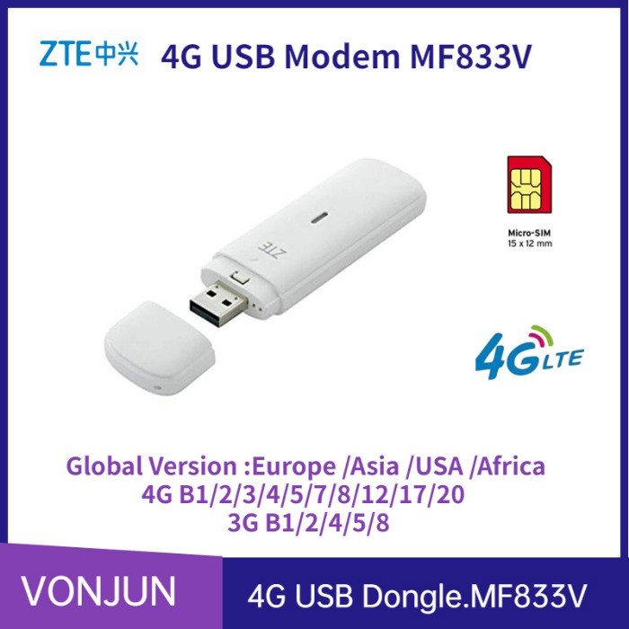 อุปกรณ์การ์ดเครือข่ายไร้สาย 4G MF833V USB Dongle โมเด็ม 4G LTE MF833 Lockless Multi-Band