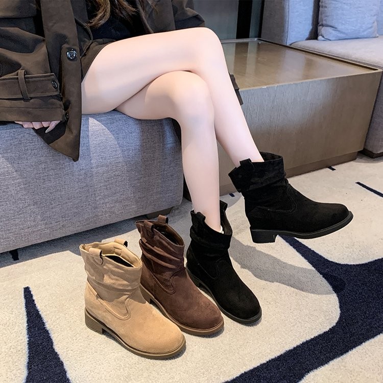 รองเท้าส้นเตี้ยสู่ด์สไตล์เกาหลี ออกแบบสำหรับอากาศหนาว ใส่สบาย พื้นPUป้องกันการลื่นไถล