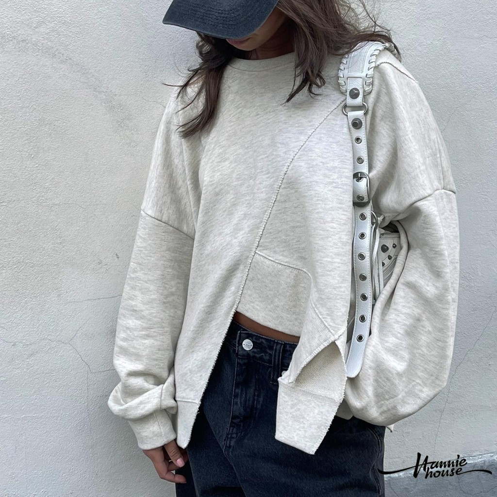 HANNIE House - เสื้อสเวตเตอร์มีฮู้ดแขนยาวทรงหลวมคอกลม