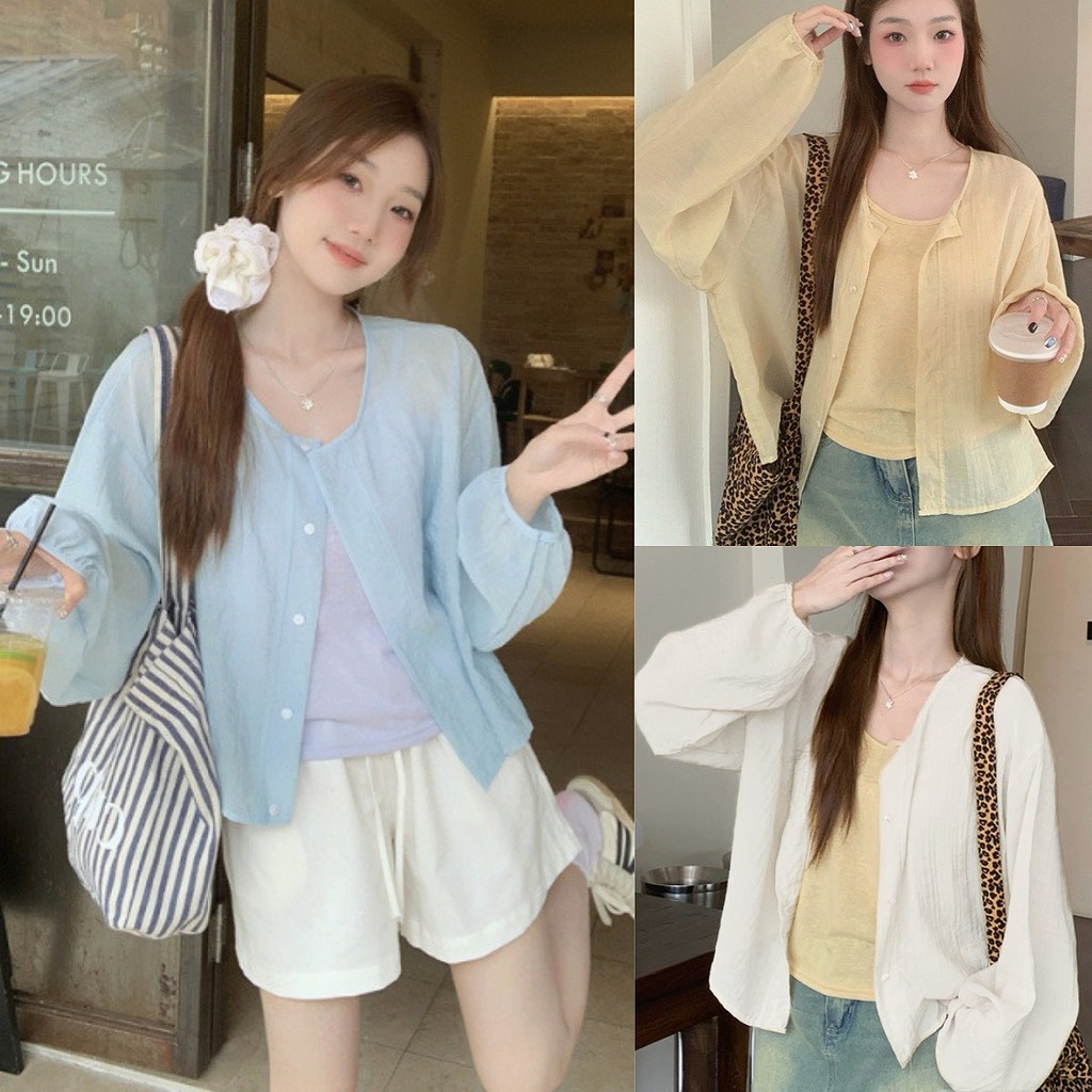 เสื้อคลุมแขนยาว ผ้าชีฟองบาง รุ่นติดกระดุมคอกลม แนวสาวเกาหลี ทรงสวยแมทซ์ลุคง่าย ใส่กับอะไรก็สวย