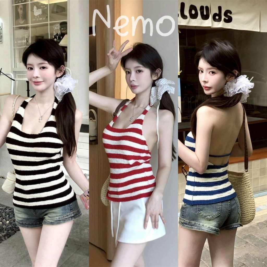 Nemo store🌸#Y1341 เสื้อสายเดี่ยวไหมพรมมินิมอล ดีเทลลายทางสีสด เว้าหลังสุดเซ็กซี่