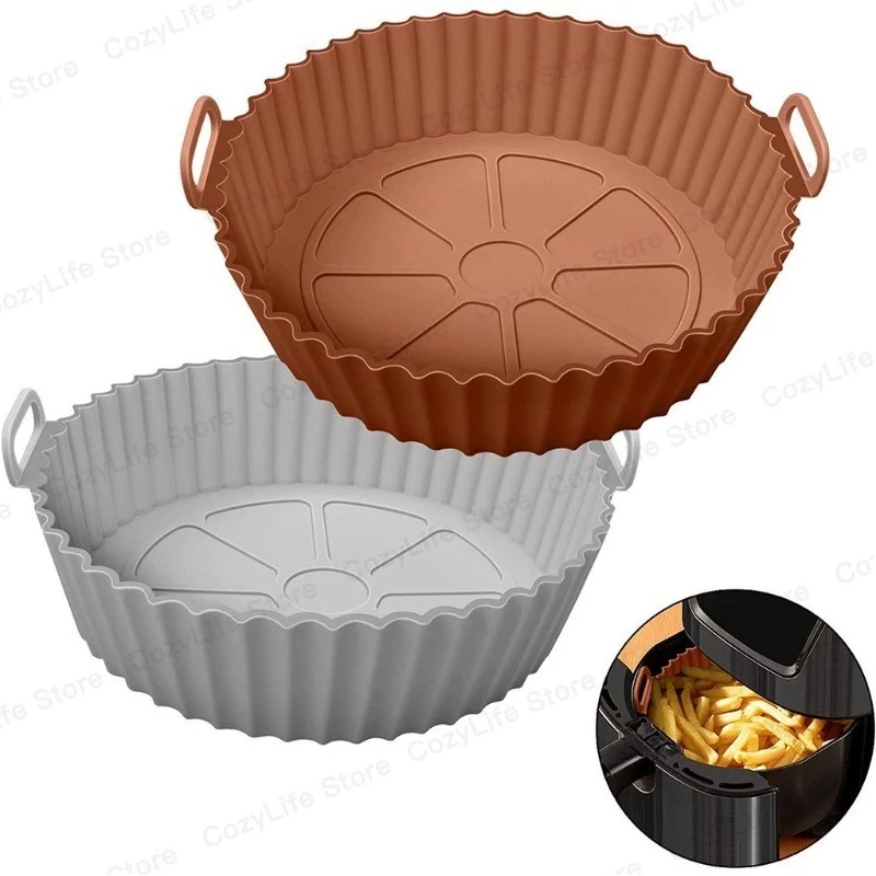 2PCS แม่พิมพ์ซิลิโคนสําหรับ Air Fryer หม้อ Air Fryer ตะกร้าซิลิโคน Thicken เตาอบถาดอบไก่ทอดพิซซ่า Air Fryer อุปกรณ์เสริม