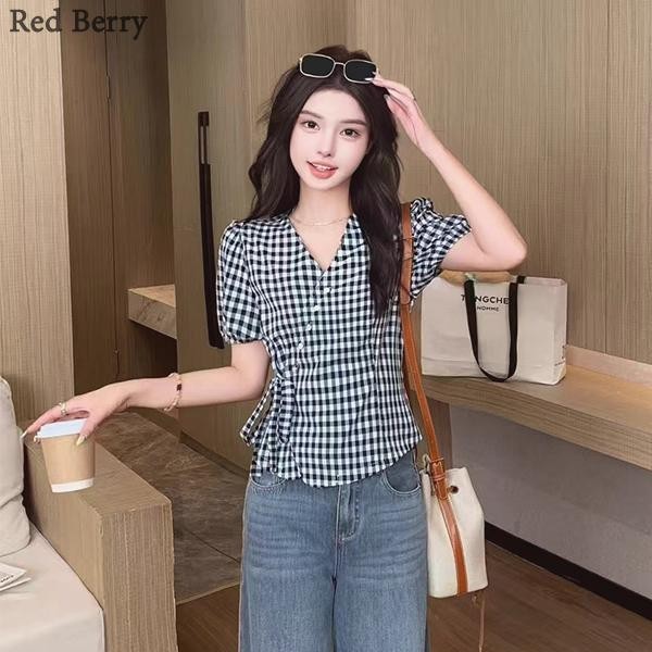 Red Berryเสื้อเชิ้ตลายสก๊อตสั้นลำลองทรงสลิมฤดูร้อนใหม่ปี 99162
