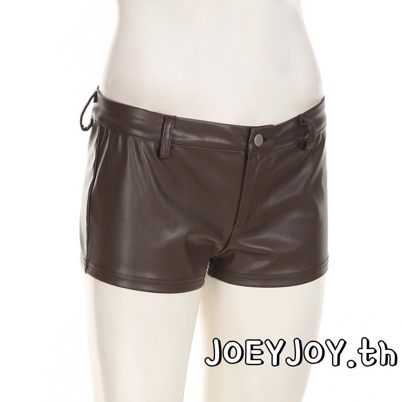 กางเกงขาสั้นหนัง Faux ทรง.slim fit low rise สำหรับผู้หญิง สีทึบ