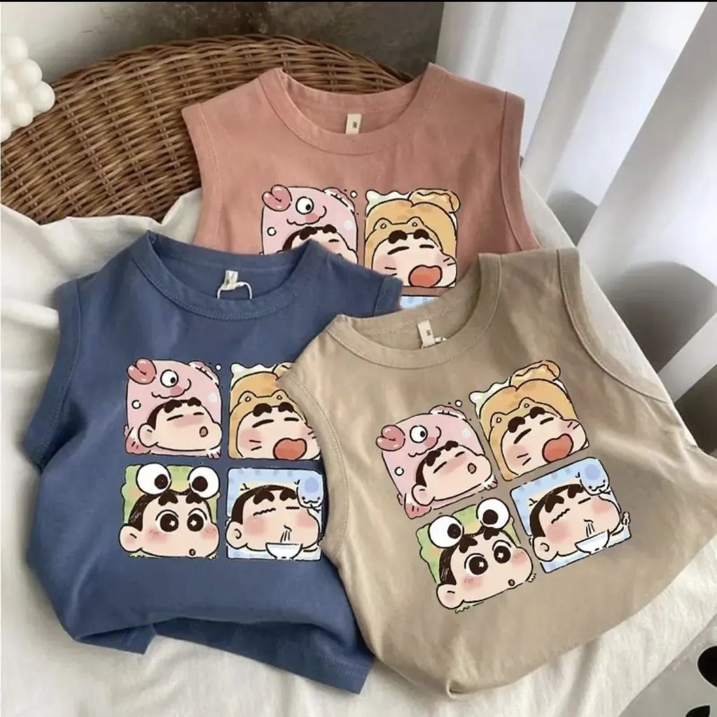 เสื้อยืดแขนกุดชายฤดูร้อนสไตล์ใหม่แฟชั่นเกาหลีรุ่นผ้าฝ้ายแท้รอบคอน่ารักการ์ตูน Crayon Shin-Chan พิมพ์เสื้อกั๊กสบายๆนุ่มสบาย All-Match Top