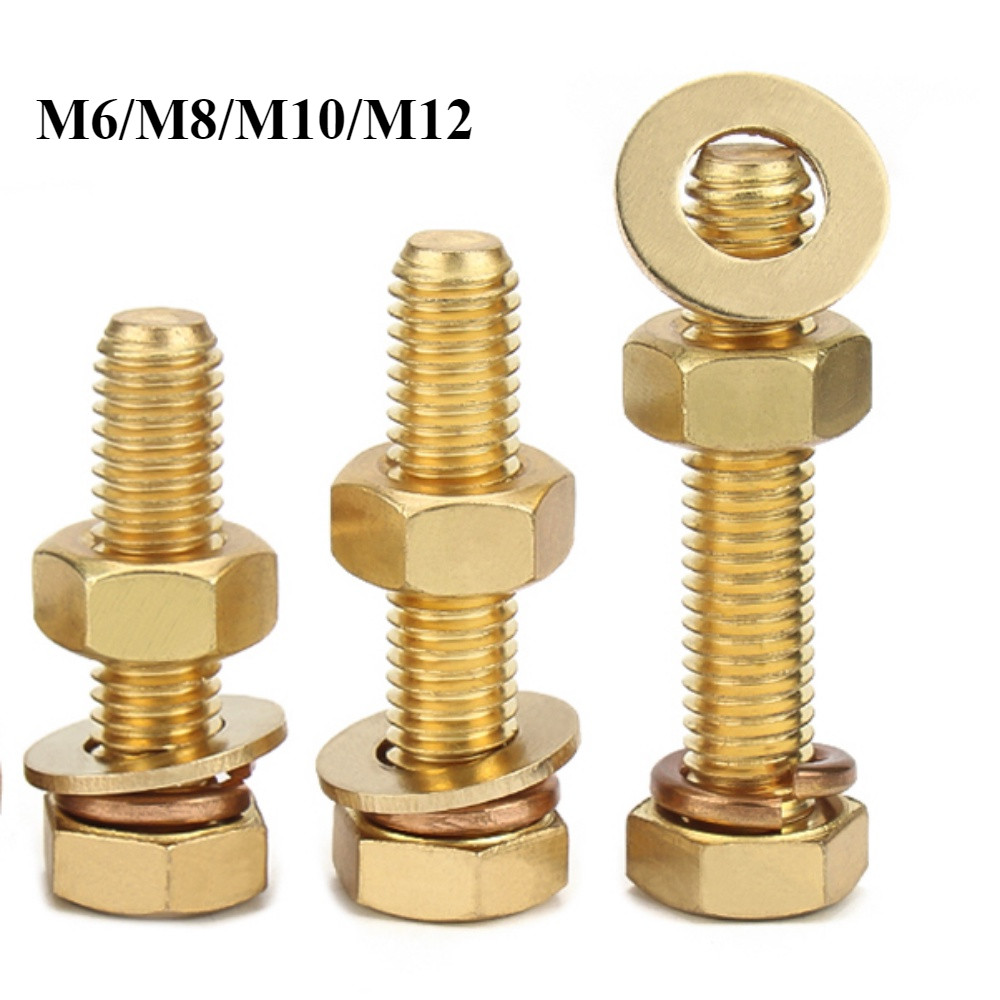 [FGHWL-1-y] M6 M8 M10 M12 (ยกชุด) น็อต สกรู หัว หกเหลี่ยม พร้อม แหวน+สปริง+ตัวเมีย ทองแดง เกลียวมิล หยาบ / (Set) Hexagon Bolt