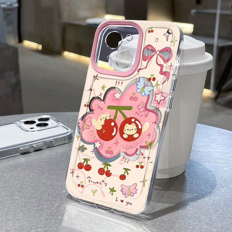 น่ารักเชอร์รี่ลูกแมวปลอกเข้ากันได้สําหรับกรณี IPhone 15 12 11 14 13 Pro Max SE 2020 X 6 8 7Plus XR XSMAX ขั้นสูงความรู้สึกกันกระแทกซิลิโคนเคสโทรศัพท์