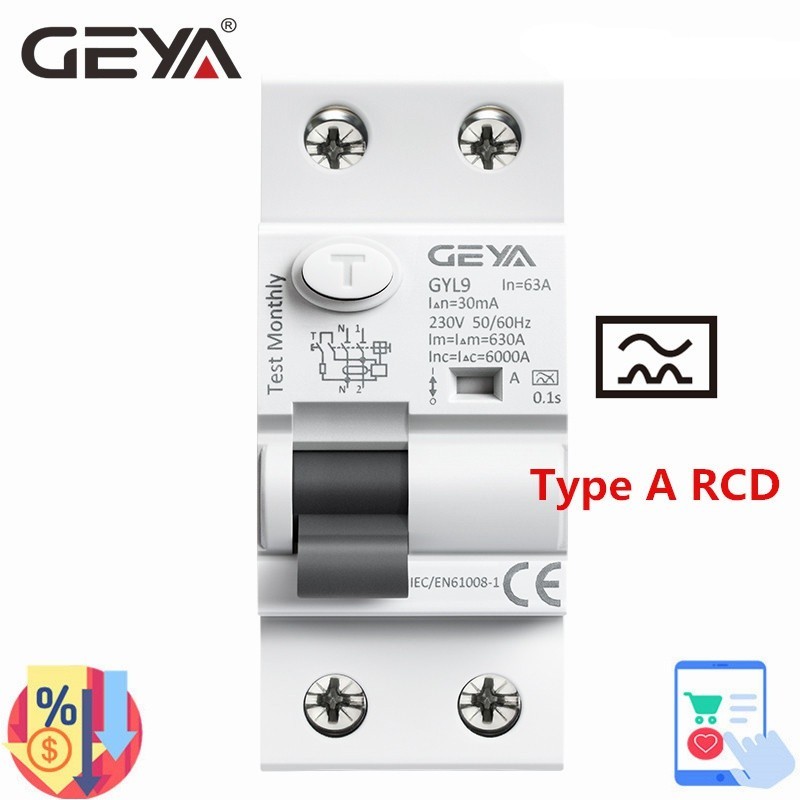 ✪GEYA GYL9 A Type RCCB Residual Current Circuit Breaker AC ELCB 2 Pole 40A 63A 30mA 100mA 300mA RCD