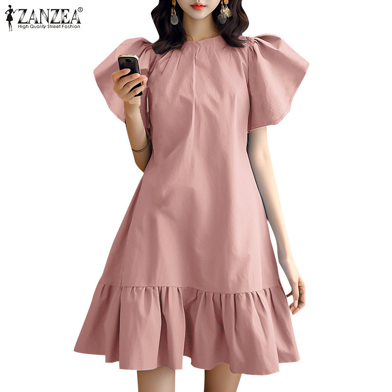 Zanzea ชุดเดรสคอกลมแขนสั้นทรงหลวมเกาหลีสําหรับผู้หญิง