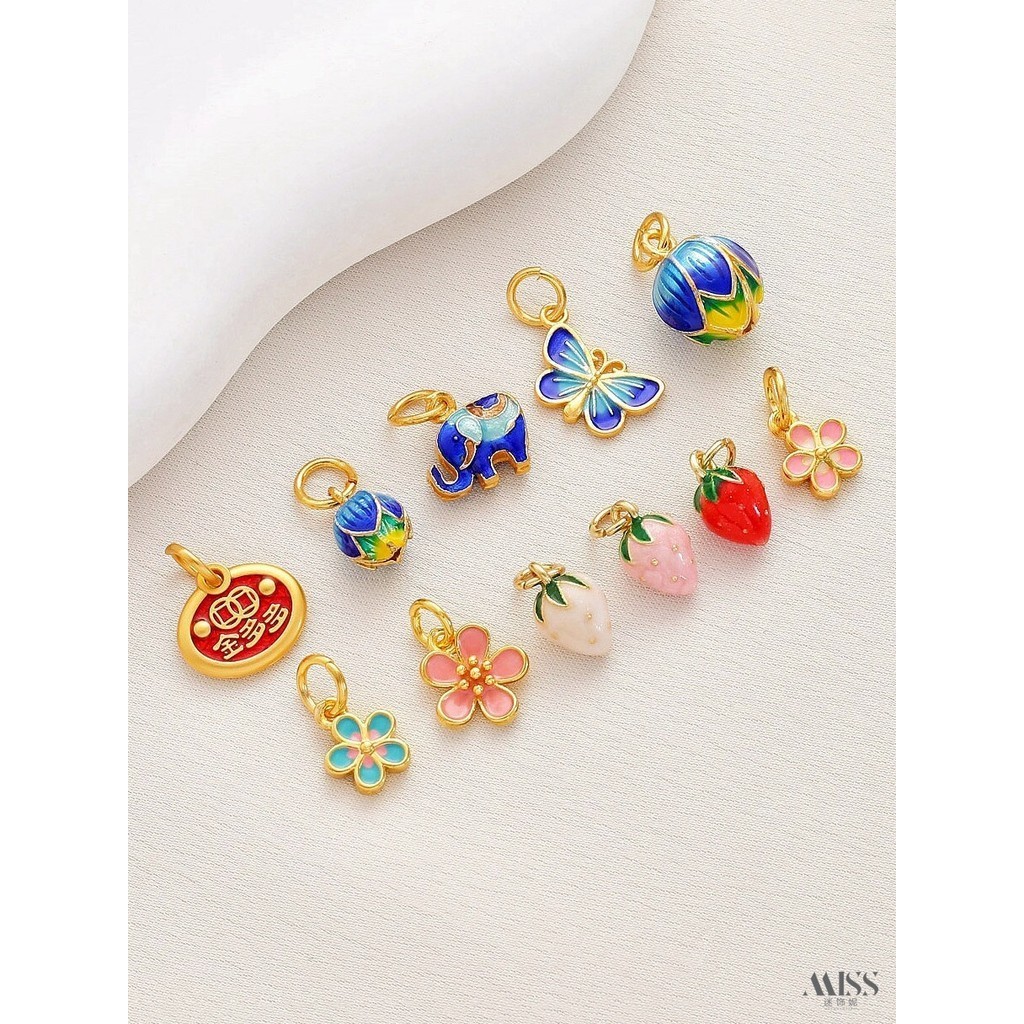 จี้ Strong การเก็บรักษาสี 18K Burnt Blue Cloisonne สตรอเบอร์รี่ผีเสื้อ Lotus ดอกไม้เด็กช้างจี้ diy สร้อยข้อมือสร้อยคอจี้อุปกรณ์เสริม