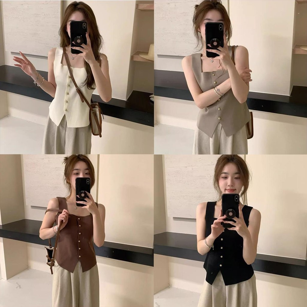 Anna เสื้อกล้ามไหมพรมกระดุมหน้า ดีเทลคอเหลี่ยมกระดุมมุก น่ารัก สีพาสเทล แมตช์ง่าย-พร้อมส่ง-#69033