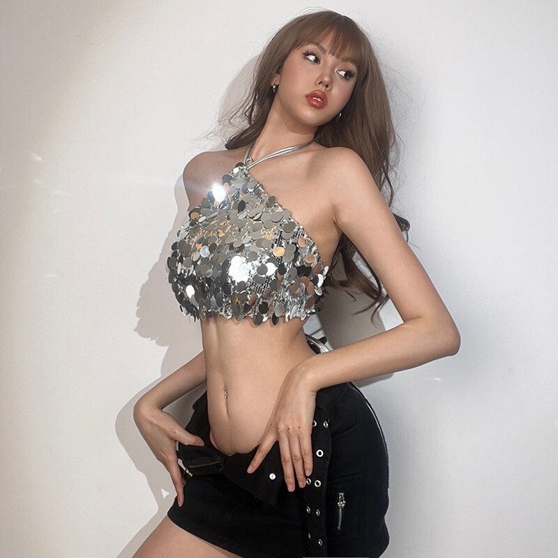 Kliou เงินเลื่อม BlingBling ออกแบบเซ็กซี่ Shining สตรีแขนกุด Halter คอ Camisoles Slim Tanks Tops ฤดูร้อนเสื้อกั๊ก