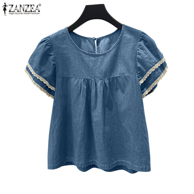Zanzea ผู้หญิงเกาหลีลําลองคอกลมแขน Raglan คู่ Ruffles เสื้อเบลาส์