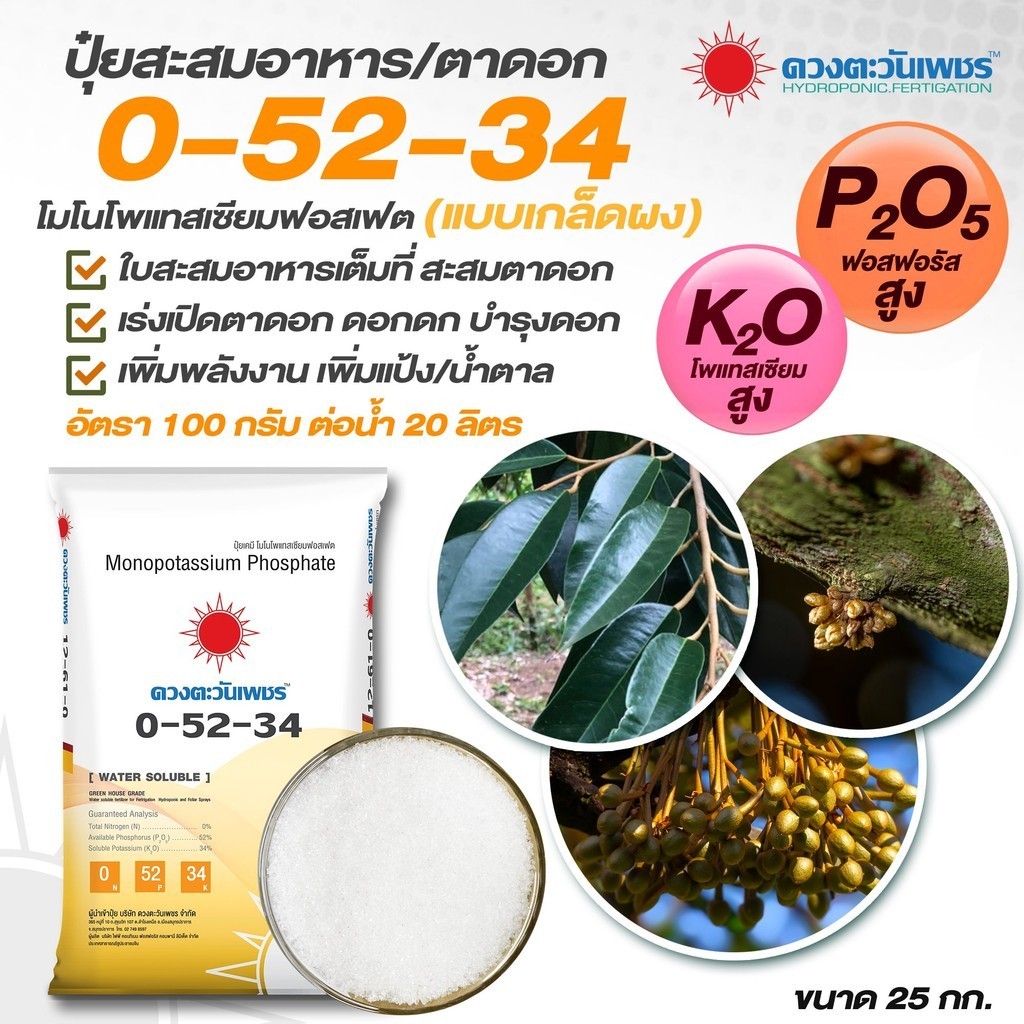 (ยกกระสอบ25kg)แม่ปุ๋ย 0-52-34 โมโนโพแทสเซียมฟอสเฟต เร่งสะสมอาหาร เปิดตาดอก ปุ๋ยเกล็ด ปุ๋ยทางใบ ดวงตะ