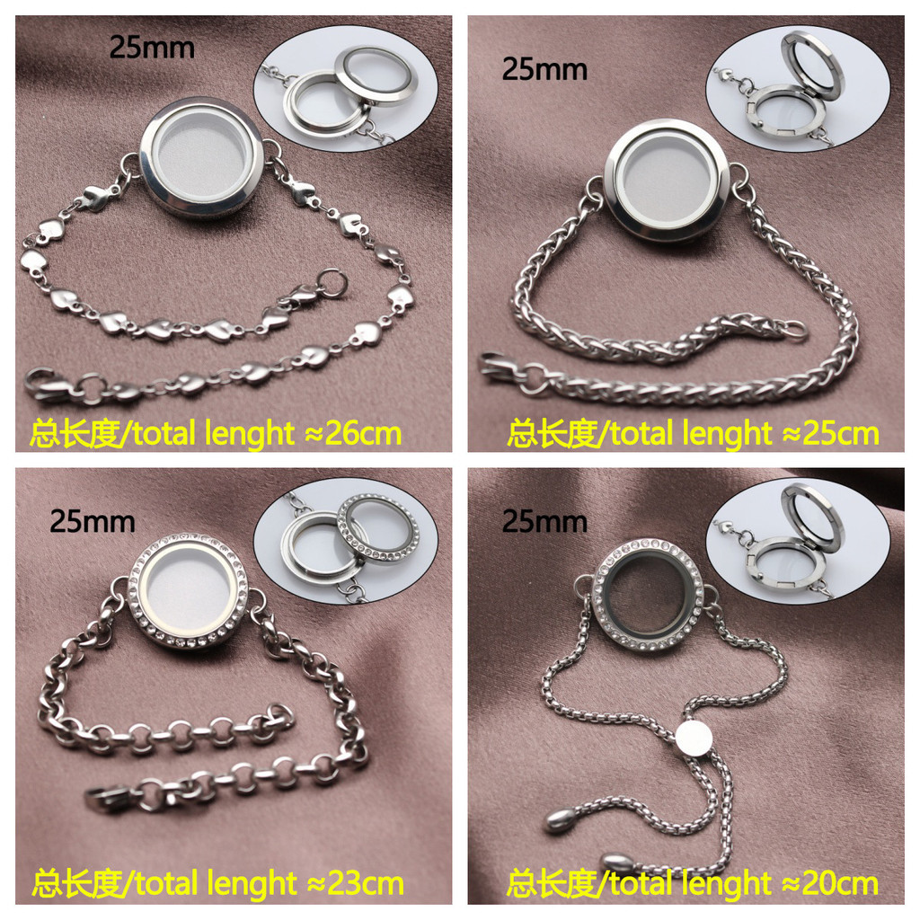 25mm Gawu กล่องสแตนเลสสตีลแก้วกล่องเฟสสร้อยข้อมือ Hollow รอบกรอบรูปสร้อยข้อมือลอย lockets
