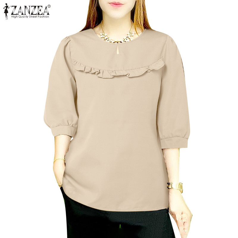 ZANZEA ใส่ ซานเซีย ผู้หญิงเกาหลีสบายๆรอบคอ3/4แขนนัวเนียตกแต่งสีทึบเสื้อ