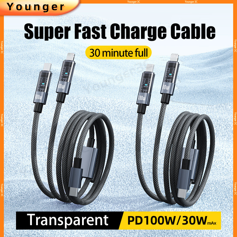 100w 2 In 1 Super Fast สายชาร์จโปร่งใส Dual Head Flash Charger สายไฟ 6A USB C ข้อมูลสําหรับ ios15 ประเภท CPhone แท็บเล็ตแล็ปท็อป