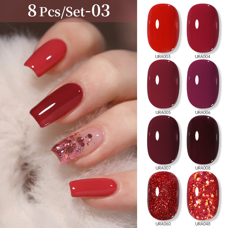 Ur น้ําตาล 8 ชิ้น/เซ็ตเชอร์รี่สีแดงเจลเล็บ 15ml Glitter เล็บเจล Soak Off เล็บเจลเคลือบเงาชุด
