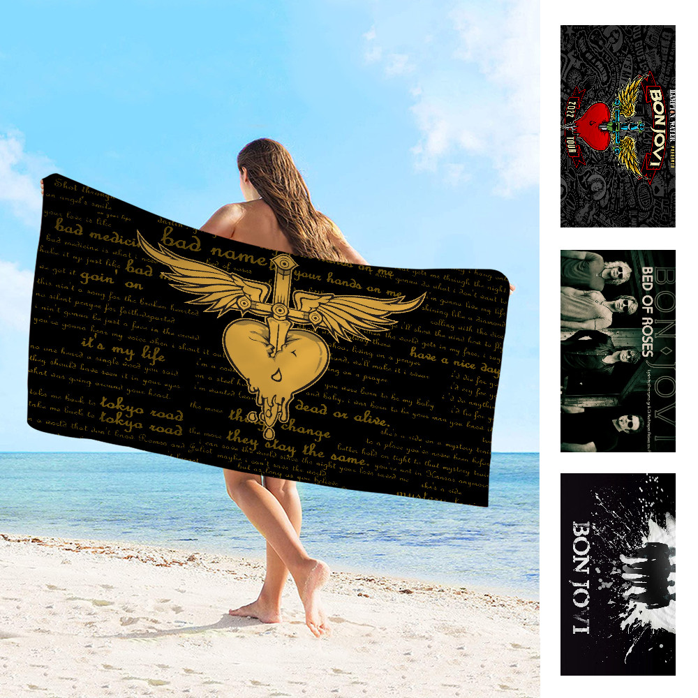 B-bon-jovi Logo ผ้าขนหนูไมโครไฟเบอร์ผ้าเช็ดตัวชายหาดดูดซับแห้งเร็วนุ่มโยคะว่ายน้ํา Resort Mountain Climbing Towel