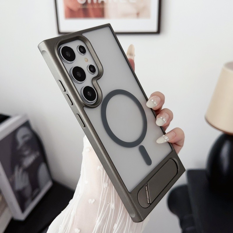 สำหรับ S amsung S24 S23อัลตร้า S23FE S24Plus หรูหราผิวที่เป็นมิตรเคลือบแม่เหล็กยึดโปร่งแสงโทรศัพท์กรณีโลหะป้องกันกล้องกันกระแทกฮาร์ดปกหลัง